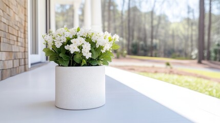 White flowers in planter on porch