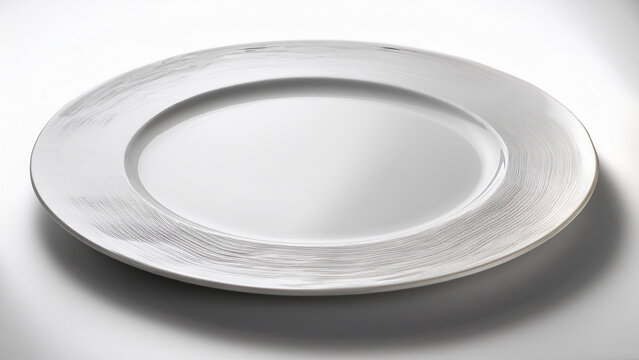 Elegant White Dinner Plate with Silver Accents for Restaurant Menu or Table Setting Photography