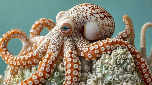 Close up of octopus with detailed textured skin and suction cups its tentacles resting coral reef, showcasing vibrant marine life and intricate patterns underwater sea and ocean aquatic animal