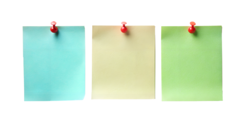 of three sticky notes, each with a different color and a red push pin holding them up on a transparent background