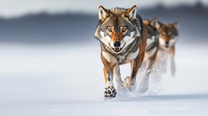 Naklejka premium Wolf Pack Running in Winter Snow