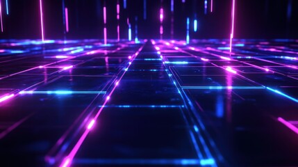 Neon glowing grid pathway in vibrant colors.