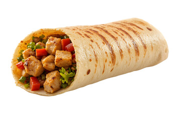 Single Chicken Shawarma Wrap Isolated on White for Middle Eastern Food Concepts: Grilled Meat and Vegetable Pita Imagery: Shawarma, Chicken, Isolated, White, Middle, Eastern, Food, Wrap, Pita

