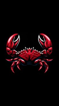 Vivid red crustacean illustration with bold lines and claws raised against a stark black backdrop offering graphic potential.