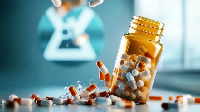 Orange and white capsule pill bottle spilling medicine with scattered capsules on reflective amber surface, symbolizing healthcare, medical, and pharmaceutical care in bright medical setting