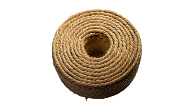 Close up of a Coiled Roll of Natural Jute Rope Ideal for Nautical and Rustic Designs Backgrounds Textures
