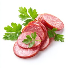 Slices of salami with parsley garnish, food photography isolated on white background