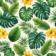 Fototapeta premium Lush Green and Yellow Tropical Leaf and Flower Seamless Pattern