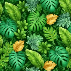 Fototapeta premium Lush Green and Gold Tropical Leaf Seamless Pattern