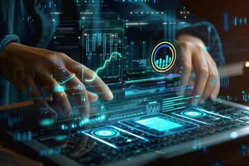 Close-up of hands typing on a laptop keyboard surrounded by futuristic transparent digital data displays and graphs indicating dynamic technological interaction