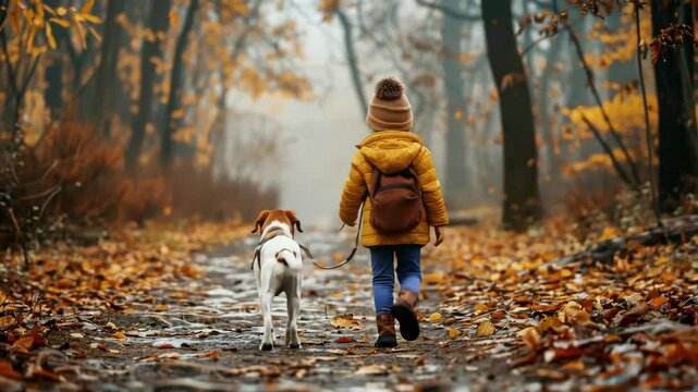 Child wearing yellow jacket and brown hat walks dog on leash through forest path covered with autumn leaves, creating peaceful and cozy atmosphere with walking dog in autumn forest path.