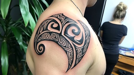 A man has a tattoo of a tribal design on his arm