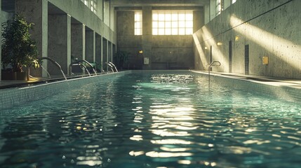 Eco-Friendly Indoor Pool with Natural Light and Water Reflections in a Realistic Architectural Space