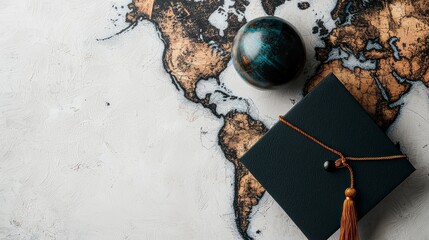 Educational Journey in Realistic Photography Featuring Graduation Cap and Globe on World Map