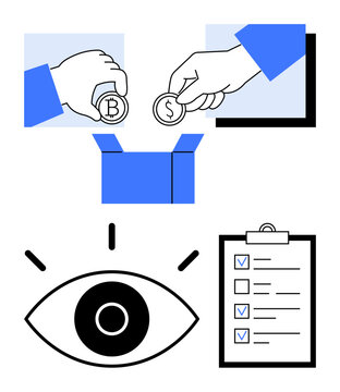 Hands adding cryptocurrency and dollar coins into a box, eye symbol for scrutiny, checklist clipboard. Ideal for crypto, finance, donation, monitoring, audit, analysis simple landing page