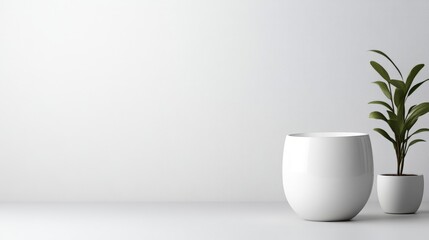 Minimalist interior scene with a simple white planter and plant.