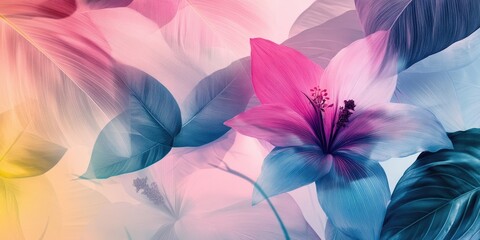 Abstract natural line art blending spring flowers and lush tropical leaves, with vibrant organic shapes and pastel tones, perfect for wallpaper, social media covers, or print backgrounds.