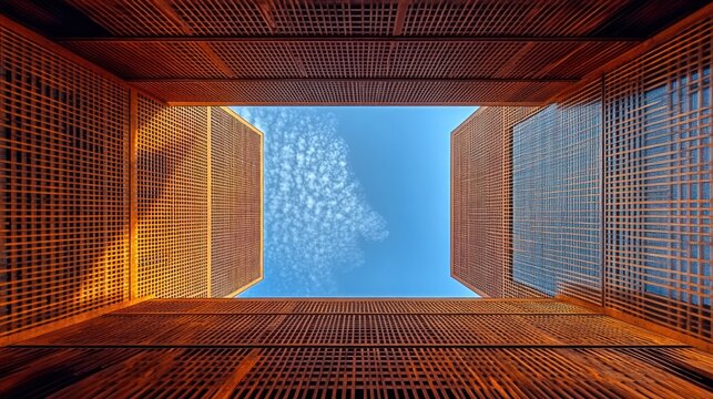 Looking up at blue sky through a rectangular opening in a wooden structure.