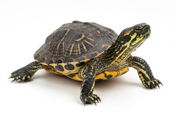 A turtle with yellow stripes on its head and neck stands on a white surface looking up slightly