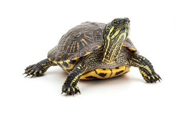 Obraz premium A close up shot of a yellow bellied slider turtle on a white background with its head raised up high