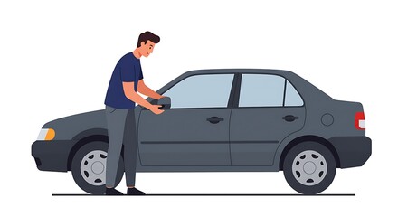 Man Adjusting Car Side Mirror Before Driving Illustration