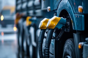Fototapeta premium Fuel nozzles covered in snow at a winter gas station close up view