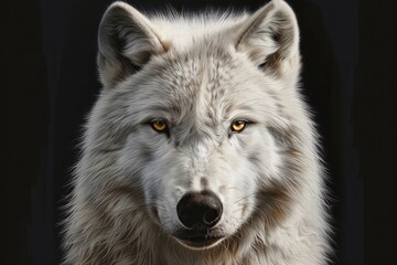 Close-up portrait of a white wolf with intense golden eyes against a dark background, showing detailed fur texture and a calm, focused expression