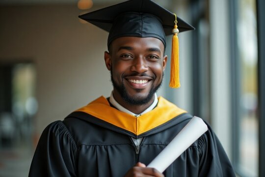 Smiling graduate in academic regalia holds diploma.