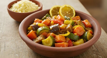A bowl of vegetable stew with lemon slices and a bowl of couscous on a wooden surface nearby