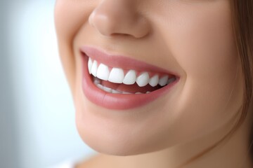 Obraz premium Close-up of a young smiling mouth showing white teeth, clean studio background