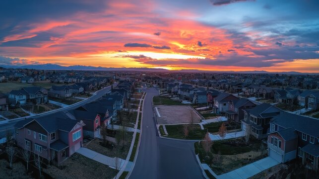 Aerial sunset view of suburban houses, mountains in background; real estate
