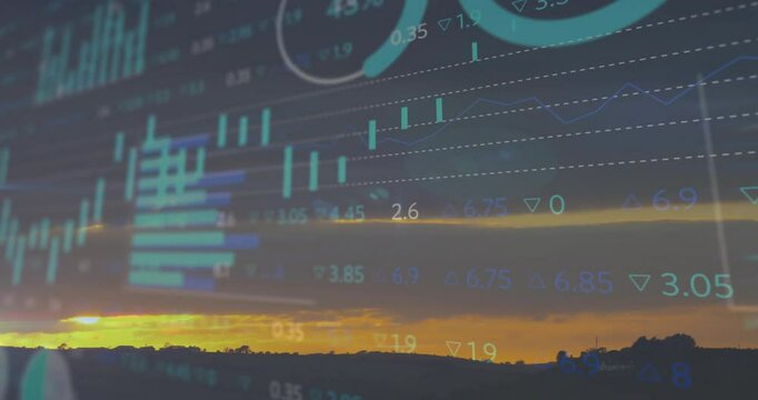 Financial chart overlay being visualized over sunset field, with candlestick bars and line graph