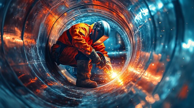 Futuristic Industrial 4.0 Welder Inside NLG Natural Gas Pipeline Construction