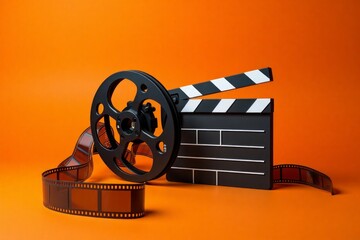 Still life of  reel and clapperboard on orange backdrop.