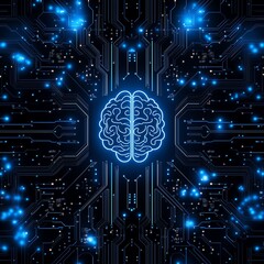 Minimalistic AI Brain Circuit Board with Blue and Black Theme, Perfect for Tech and Innovation Concepts
