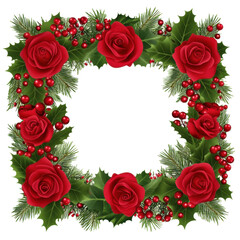 The image displays a decorative square border formed by red roses, holly leaves and red berries.