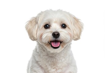 Obraz premium A close up portrait of a small white dog with its mouth open against a white background looking happy