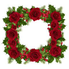 This image showcases a square frame formed with red roses, holly and berries.