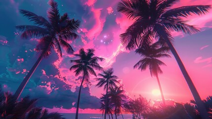 tall palm trees silhouetted against a vibrant pink and purple sunset sky with dramatic clouds over a calm ocean, evoking a peaceful and tropical evening atmosphere