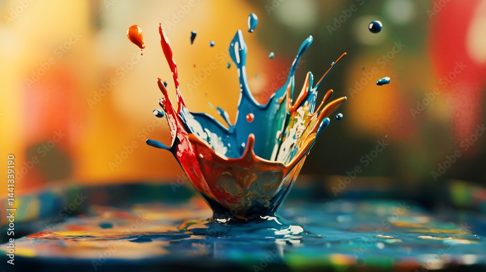 Poster a dynamic scene of paint splashing on a table capturing colorful chaos in an abstract representation