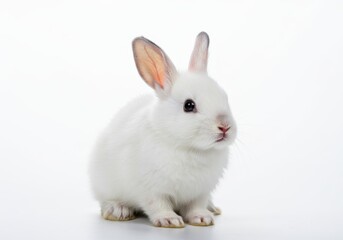Obraz premium A charming white rabbit sitting upright with its ears perked up on a clean white background studio shot