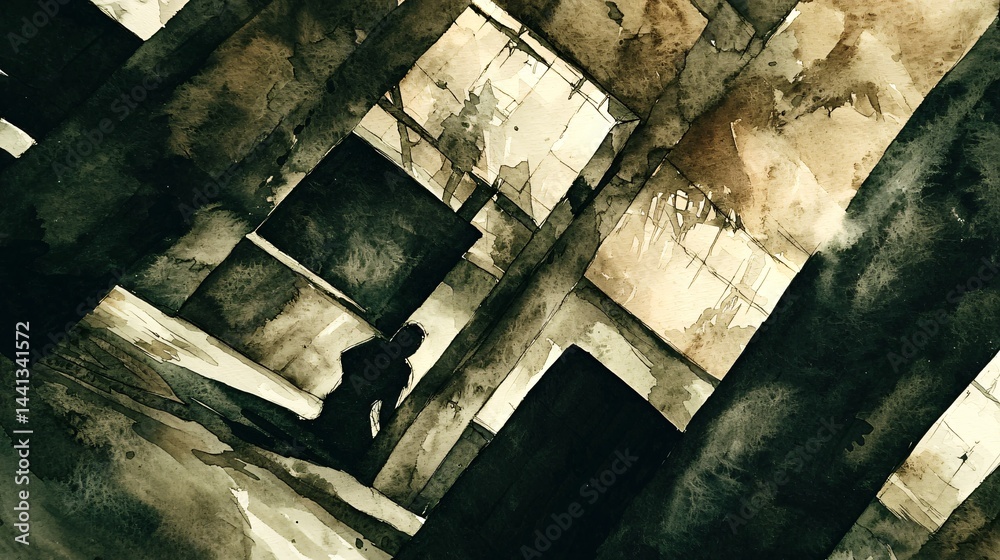 Poster aged architecture with unique features bathed in abstract light and shadows creating an enigmatic an