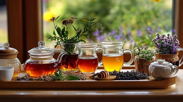Aromatic Herbal Tea Assortment in Elegant Glassware and Floral Decor Arrangement