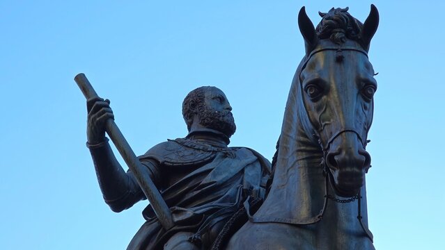 Florence, italy - 3 January 2025. Equestrian statue of Cosimo I de&rsquo; Medici by Giambologna, showing the Duke in armor holding a baton, mounted on a powerful horse in Piazza della Signoria, Florence.