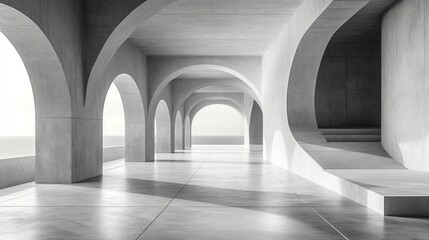 Fototapeta premium Arched hallway with columns and smooth floor in bright light monochrome architecture.