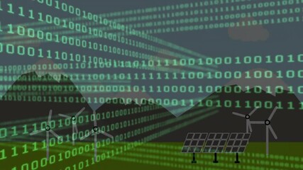 Renewable energy scene being animated with cascading binary code and wind turbines and solar panels - Powered by Adobe