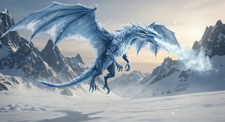 A fierce ice dragon flying over snowy mountains breathing a blast of ice during a cold winter sunset
