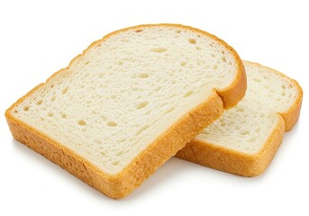 Two slices of white bread with golden crusts stacked on top of each other on a white background plain view