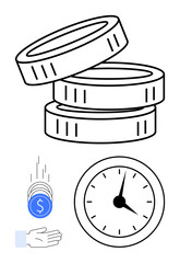 Stacked coins, analog clock, and hand catching coins illustrating saving, time management, financial planning, productivity, economic growth, budgeting and resource optimization. Ideal for business