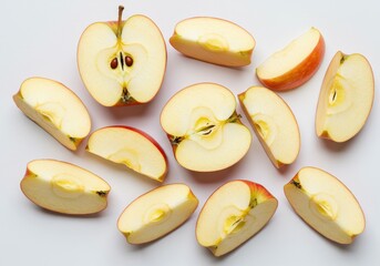 Arrangement of sliced apples with visible seeds and stems on a white surface in a studio setting
